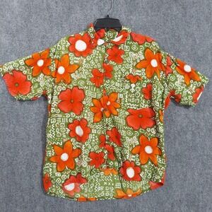 Vintage Roundy Bay Shirt Mens Large Green Floral Hawaiian Rayon Tropical Vaction
